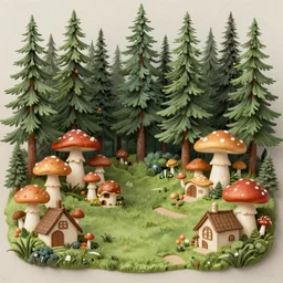 A beautiful painting of a pine forest with mushroom villages, tiny cottages in the form of mushrooms, Digital Art by RHADS, Trending on artstation