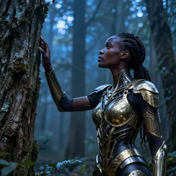 hyperrealistic digital art masterpiece very beautiful! black woman with detailed exoskeleton armor, touching tree in a forest, brad kunkle elson peter, dramatic blue light low angle hd 8k sharp focus