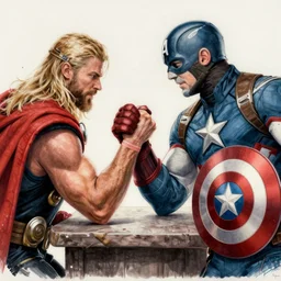 a highly detailed drawing of Thor beating captain America in a arm wrestling match