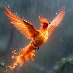 a magical flaming fire hummingbird phoenix crying in the rain digital art