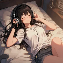full body portrait of a photorealistic anime girl, absurdly beautiful, gorgeous, youthful, smiling, eyes closed, listening to music on headphones, laying down on a bed, an ultrafine hyperdetailed illustration by loish, ilya kuvshinov, makoto shinkai, intricate linework, ambient lighting, musical environment, global illumination, trending on pivix fanbox.