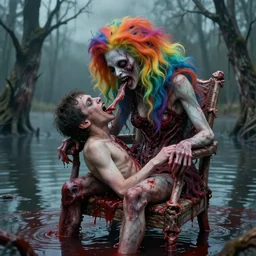 a close - up portrait of a beautiful flesh - eating timikawa with rainbow fur eating a screaming man, sitting on chair made of human limbs, the chair is floating in a lake of blood, surrounding the lake are melting trees, photograph by yousouf karsh, hyperrealistic nightmare scene, supernatural, highly detailed, creepy, terrifying