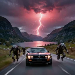 zerglings rushing towards black pontiac firebird trans - am driving towards the camera, norway mountains, valley, large lake, dynamic, cinematic, motionblur, volumetric lighting, wide shot, low angle, red glow in sky, large lightning storm, thunder storm
