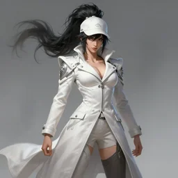 a highly detailed illustration of fierce tall amazon messy ponytail black haired one armed delinquent japanese woman wearing white cap wearing long white jacket with cape, dramatic pose, muscular, intricate, elegant, highly detailed, centered, digital painting, artstation, concept art, smooth, sharp focus, league of legends concept art, wlop.