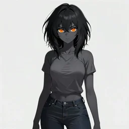 anime wolfgirl with shaggy black hair, orange eyes and dark gray skin wearing a t-shirt and jeans, digital art, DeviantArt, art station, illustration, highly detailed, artwork