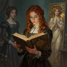 scholar girl in glasses, bespectacled, holding a big book, grimoire, folio, fantasy, cinematic, stunning, highly detailed, digital painting, artstation, soft focus, ominous lighting, evil colors, full body shot, illustration, art by artgerm and greg rutkowski and alphonse mucha