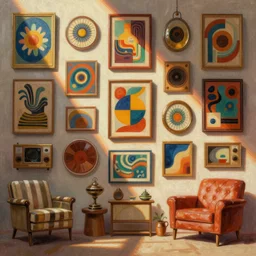 a wall of retro and vintage items, groovy 7 0 s things, abstract art deco furnature, highly detailed digital painting, concept art by yongfei liu, alben tan, vance kocas, octane rendered, low angle, god rays, cg society, unreal engine