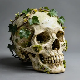 overgrown skull inspired by René Laloux,Dan Mumford,twisted ivy vines,moss,flowers collage
