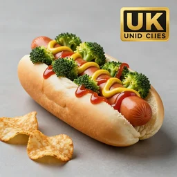 photo shoot portrait of a delicious hot dog with broccoli and lays chips, mustard, ketchup, uhd, 8k,