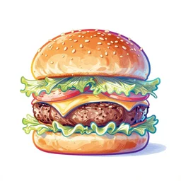 give me burger and steak please, a rainbow colored outline, intricate, elegant, illustration, digital painting, 8 k, fine detail, artstation, art by greg rutkowski, jack kirby, albert aublet, frank herbert, and alphonse mucha