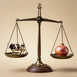set of balance scales with weights, libra symbol, one cow in one dish and one onion in other dish
