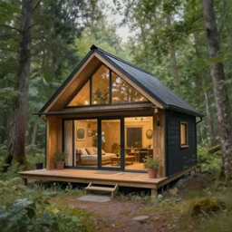 ultra wide angle painting of cozy hygge tiny house in idyllic cozy forest, beautiful elegant architecture by death burger