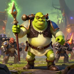 shrek taking part in warhammer 40,000 battle, digital art