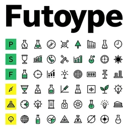 isotype chart showing icons representing science and the economy mostly black and white with elements of kelly green, lemon yellow, with a large title using Futura typeface