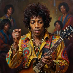 cinematic portrait of psychedelic jimi hendrix, oil on canvas, masterpiece, trending on artstation, featured on pixiv, cinematic composition, dramatic pose, beautiful lighting, sharp details, hyper-detailed, HD, HDR, 4K, 8K, art by Tim Hildebrandt and Wayne Barlowe and Bruce Pennington and ruan jia and larry elmore,