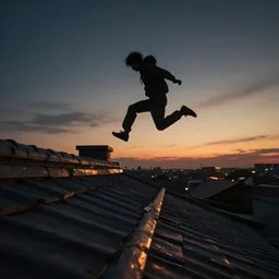 sideways landscape photo of person jumping on the roofs, high contrast, moody sunset, late night, detailed medium poly characters, by greg rutkowski, alphonse mucha, beeple, sharp focus, digital art, smooth, light refraction, pixiv art, volumetric lighting, makoto shinkai