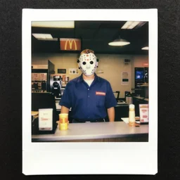 jason voorhees working the front counter of mcdonald's ready to take your order, eighties polaroid, flash photography, photorealistic, kodachrome