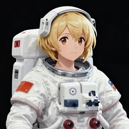 Traditional Japanese Artwork of a hopeful pretty astronaut lady with a wavy blonde hair, 4k resolution, nier:automata inspired, bravely default inspired, vibrant but dreary but upflifting red, black and white color scheme!!! ((Space nebula background))
