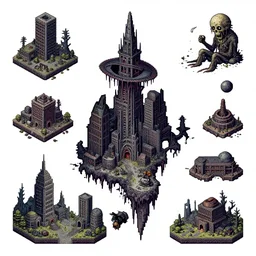 lovecraftian horror isometric 2 d game assets, detailed, h. r. giger, pixel art, post - apocalyptic city