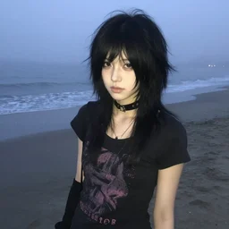 a pale emo goth girl, black hair, on the beach on a foggy evening, 2006