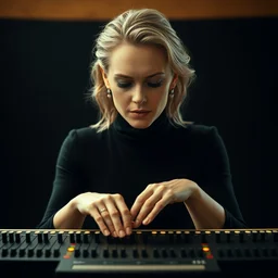 portrait of charlize theron playing on a theremin, her hands above the theremin instrument, wide shot, hasselblad nikon, denis villeneuve and ridley scott movie, cinematography, annie leibovitz and steveh mccurry, david lazar, jimmy nelsson, extremely detailed, breathtaking, hyperrealistic, perfect face, octane render