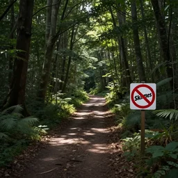a skittles forest path with a 🚫 sign