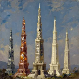 Skinny onyx tower, skinny ivory tower, fantasy magic, oil painting, digital art, illustration, wide angle, fine details, cinematic, 4k, concept art
