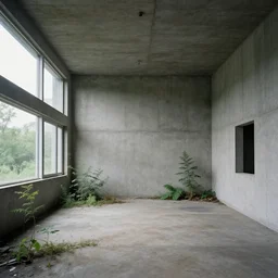 an abandoned room in a concrete building, modern avant - garde, few overgrown plants, dreamy, overcast, by hans bellmer
