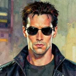 hero portrait shot of neo from'the martix'movie done in 1 9 5 0's comics style, impressionistic, colorful, digital art, oil paintings, watercolor
