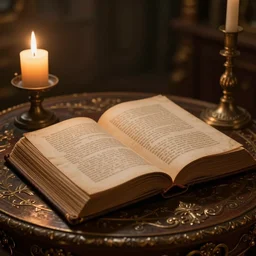 a singular, ancient open book on an exquisite table, candlelit, volumetric lighting, 8 k octane beautifully detailed render, post - processing, extremely hyper - detailed, intricate, epic composition, cinematic lighting, masterpiece, trending on artstation, stunning art by anders zorn, by greg rutkowski, beautiful cinematic light