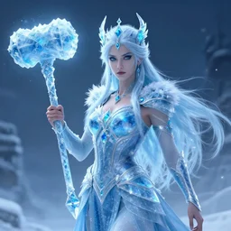 auril, goddess of winter, lady made of ice wielding a warhammer made of ice, digital art, trending on artstation, portrait