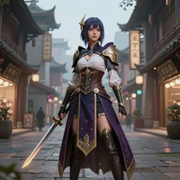 artistic scenery light, procedurally generated, epic mage girl character posing for concept art, costume design from shopping mall, ancient city streets behind her, substance designer, PBR, HD, Ultra detailed, hyperrealistic, megascans, volumetric light, concept by master artist, made in paint tool SAI2, trending pixiv face