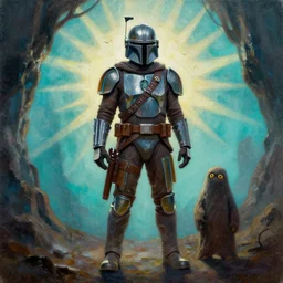 textured full body of mandalorian with jawa with backlight , sun rays , big shadows, small bird sihouettes  in cyan background , very textured detailed  panoramic oil painting by beksinski , hard backlight , in dark cave