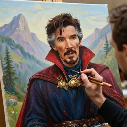 a closeup photorealistic photograph of bob ross working on a canvas painting of dr. strange. film still. brightly lit scene. mountains and trees. this 4 k hd image is trending on artstation, featured on behance, well - rendered, extra crisp, features intricate detail, epic composition and the style of unreal engine.