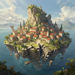 broken floating landscape. mediterranean village. fantastical, elaborate, awe, high detailed digital art trending in artstation. artist greg rutkowski