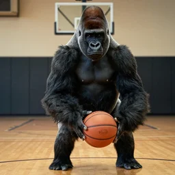 gorilla holding a basketball on a basketball court