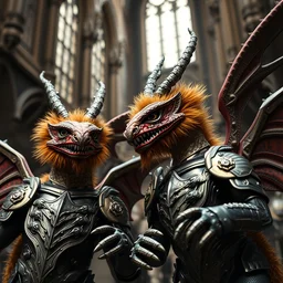zoomed portrait of tin toy fuzzy kaiju moth dragons wearing armour in victorian london, nicoletta ceccoli, mark ryden, lostfish, hyung tae, frank frazetta, depth of field, detailed and intricate gothic environment, 8 k resolution, hyperrealistic, octane render