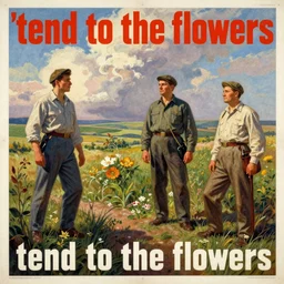 soviet propaganda poster of phrase'tend to the flowers ', socialist realism. by alexander zelensky, viktor deni, havrylo pustoviyt
