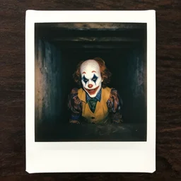 an eerie polaroid photograph of a clown looking back from inside the crawlspace, nighttime, dimly lit, creepy