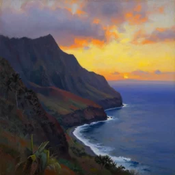 kauai - napali coast, hawaii, at sunset, landscape painting, by zdzisław beksinski,