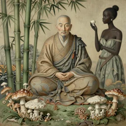 ancient japanese monk, by kiki smith, by maria sibylla merian, by wangechi mutu, chinese painting, concept art, 3 - dimensional, bamboo, mushrooms, mycelium, mycena acicula, tremella - fuciformis, insanely detailed and intricate, hypermaximalist, elegant, ornate, hyper realistic, super detailed