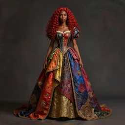 character design, a portrait of a queen with long dark curly red hair, stoic, brown skin, alone, dramatic, epic painting, painted by wlop, cgsociety, beautiful, artbreeder, 3 d render, artstation, maximalist fashion dress, full body, octane render, sharpness, 8 k, golden ratio