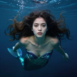 a beautiful woman underwater mermaid, 8 k, sensual, hyperrealistic, hyperdetailed, beautiful face, long hair windy, dark fantasy, fantasy portrait by laura sava