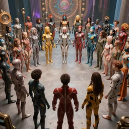 love, diverse bio cybersuits, from behind, connection rituals, wide wide angle, vivid, elaborate, highly detailed, beautiful lighting