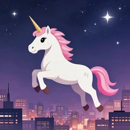 unicorn flying above a city, whool universe