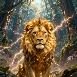happy lion's god looking at you, fur made of gold lightnings surrounded by epic ancient huge forest and mountains, colossal scale, cinematic shot, vibrant colors, photorealism, epic, octane render by evgeniy antonenkov and james jean