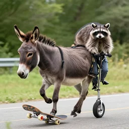a racoon riding a unicycle on the back of a donkey, the donkey is rising a skateboard