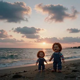 sunset clouds with an ocean in the background and one screaming chucky doll on beach. by greg rutkowski cinematic film ektar 1 6 0