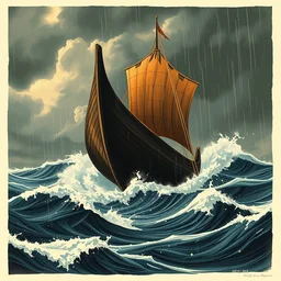 huge ancient massive mesopotamian wooden curved hulled boat on huge stormy turbulent waves seas dark clouds and rain, limited neutral palette, by pascal campion, petros afshar, anton fadeev, dean ellis, randolph stanley hewton, beautiful graphic, propaganda poster art 1 9 7 0 s illustrated advertising art, painterly design