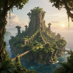beautiful render of an island world, intricate temple, unreal engine, first light, jungle, rivers, bridges, rainforest, vines, trees, rocky outcroppings, ocean, serene sunsets, soft light, by greg rutkowski, cgsociety